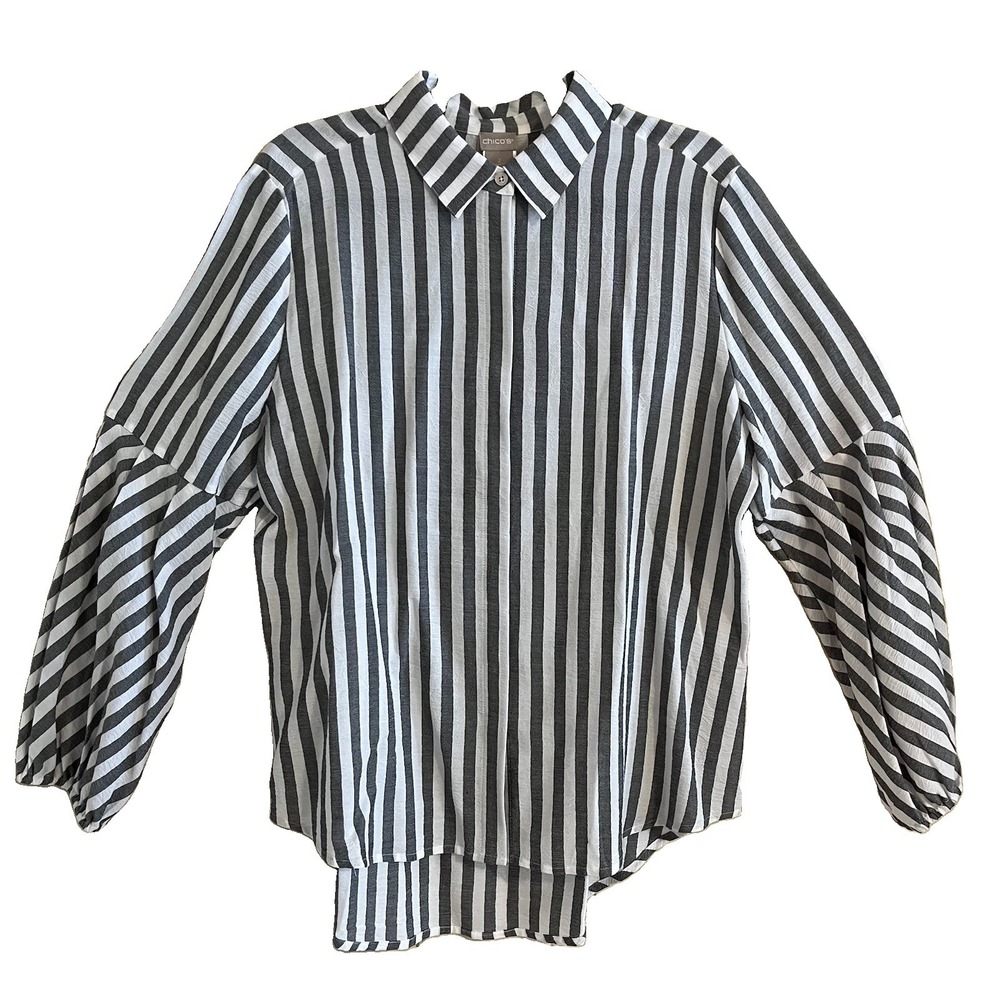 Chico's Vertical Stripe Balloon Sleeve Button Up Grey White Sz 2 (L) Minimalist